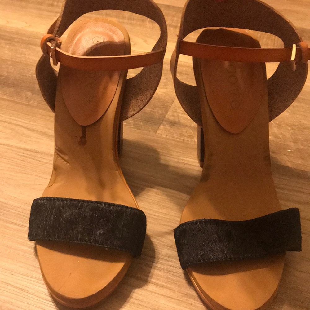 Brown and black strap heels